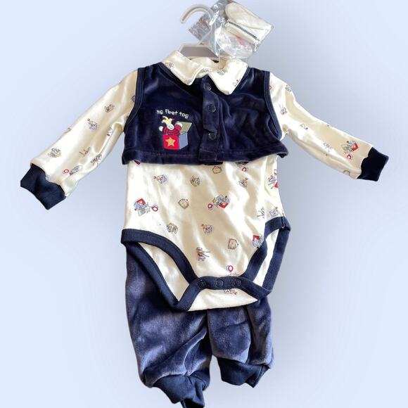 Simply Basic Baby Outfit 6-9 Months Vintage 2002 One Piece w/ Navy Velvet Pants - Picture 1 of 16